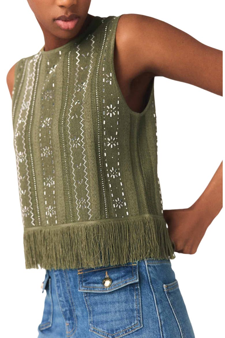 Fringed rhinestone flower top, Alternate, color, Khaki