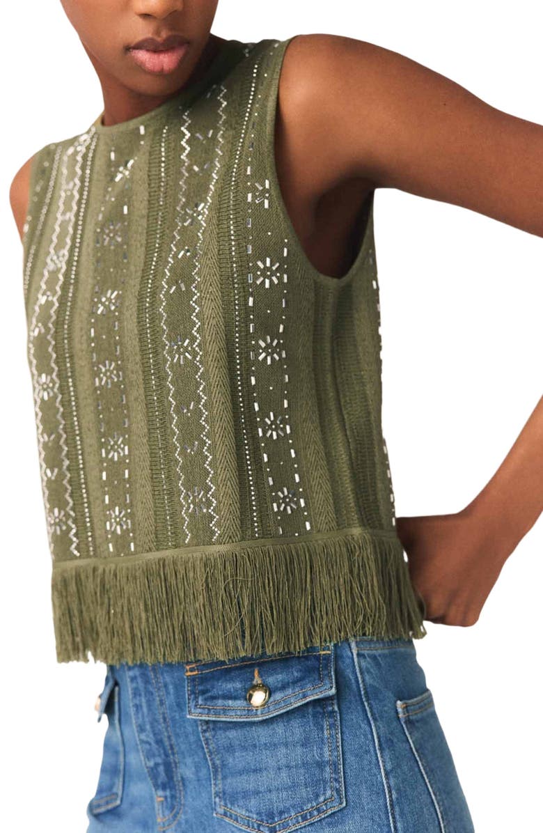 maje Fringed rhinestone flower top, Alternate, color, Khaki