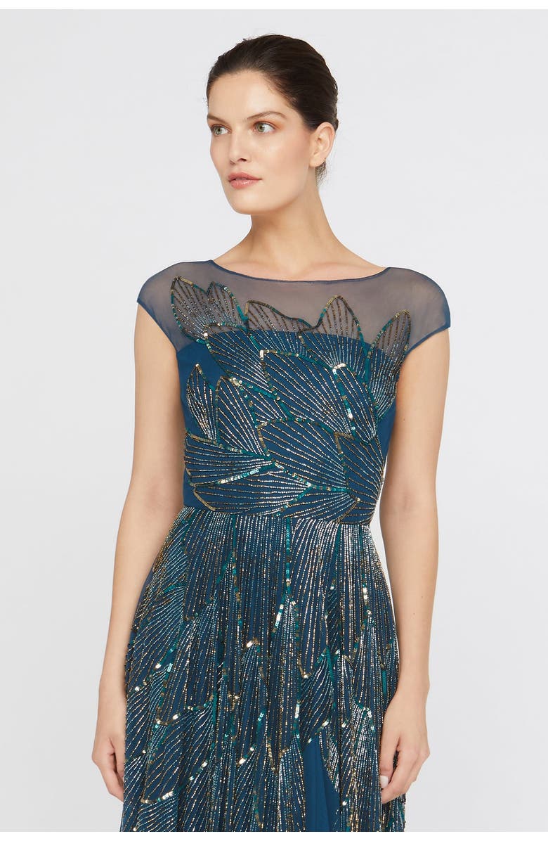 Theia Ava Beaded Cap Sleeve Bateau Neck Sequin Gown, Alternate, color, Aquamarine