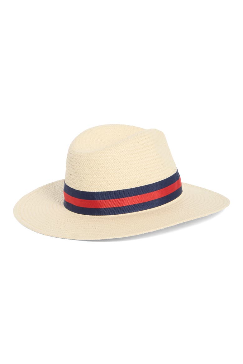 Stripe Grosgrain Band Fedora, Alternate, color, NATURAL/ NAVY/ RED