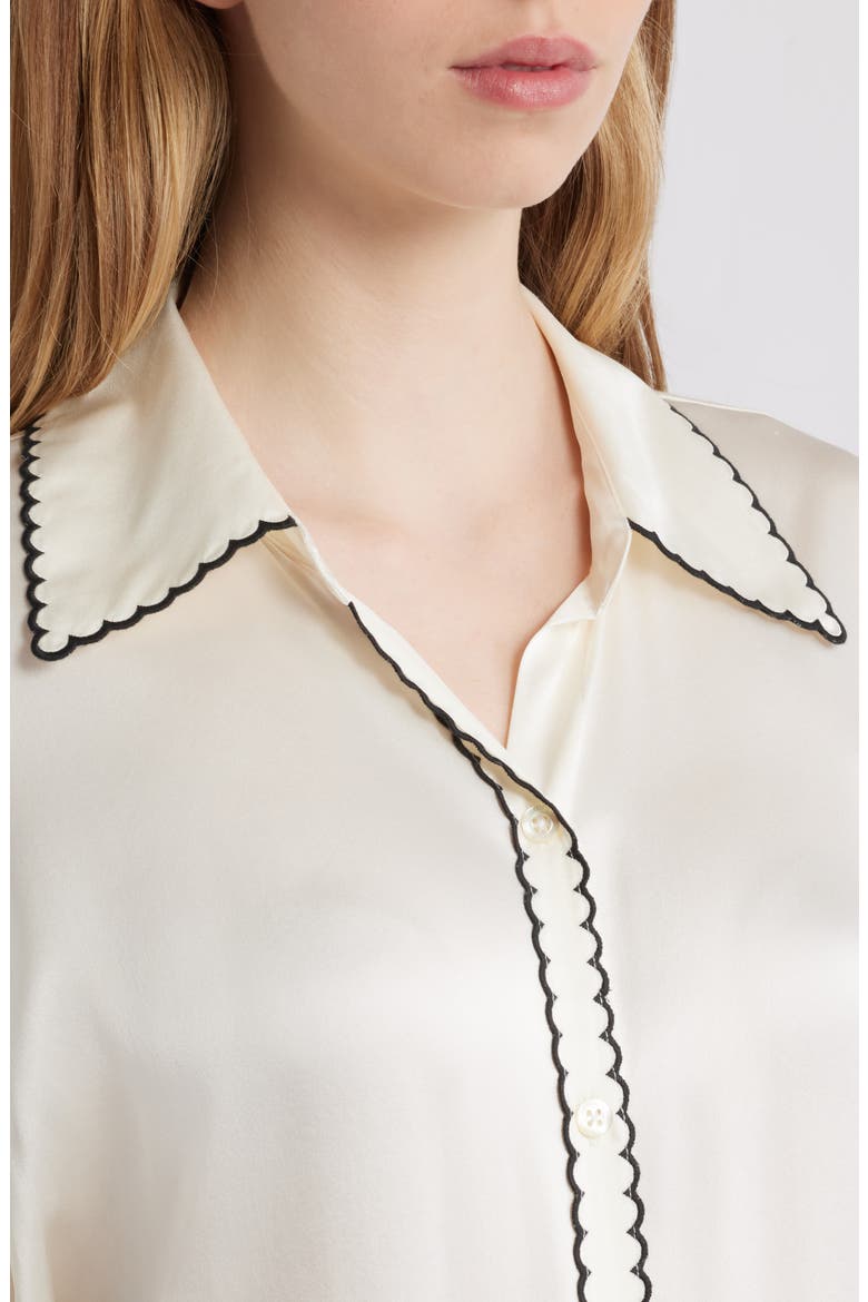 Aloise Embroidered Trim Silk Button-Up Shirt, Alternate, color, IVORY