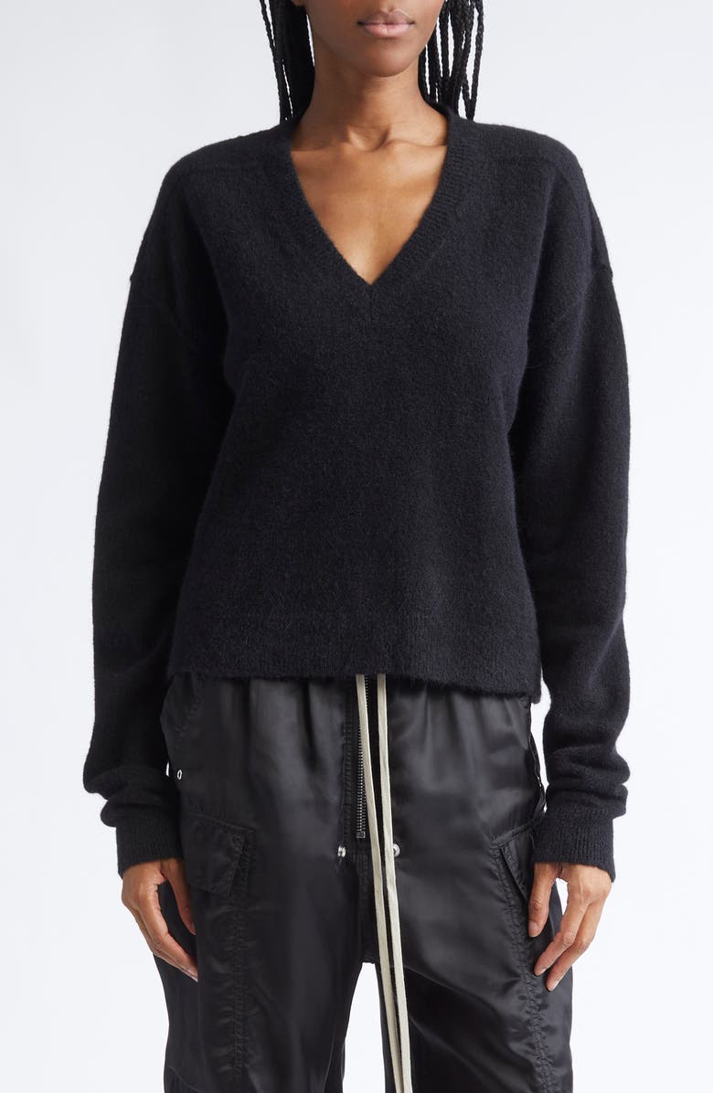 Rick Owens Tommy Alpaca & Wool Blend V-Neck Sweater, Main, color, Black