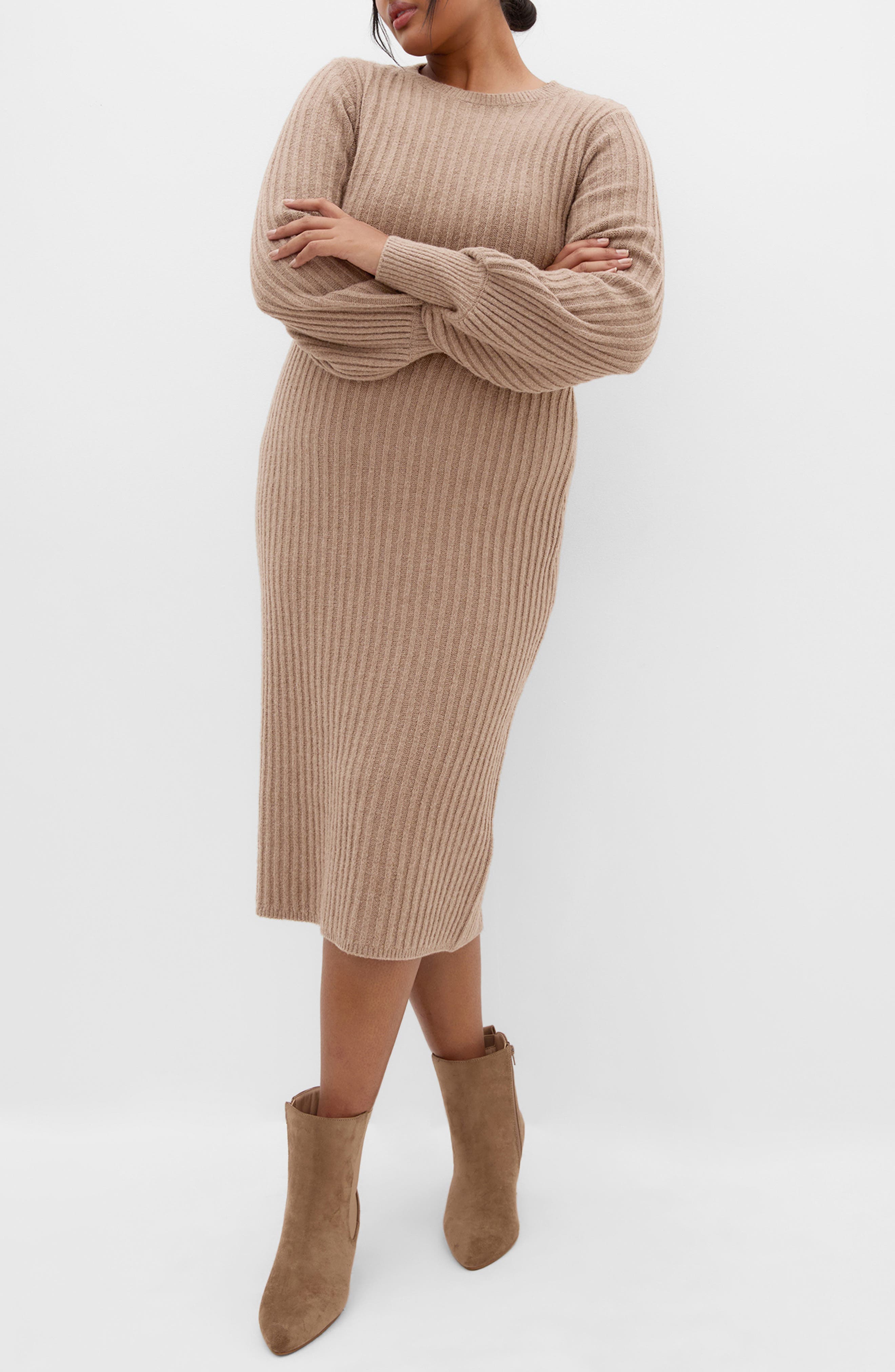 City Chic Sarah Long Sleeve Rib Sweater Midi Dress In Brown