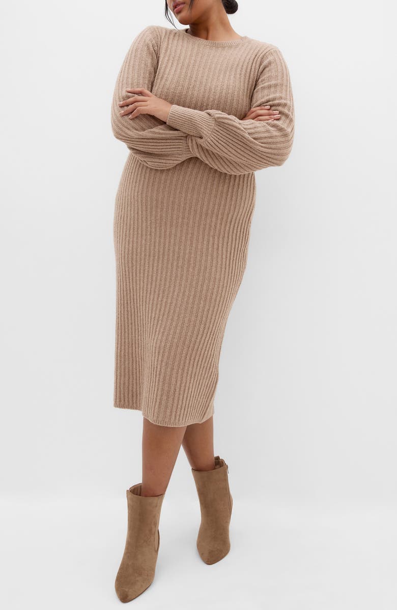 City Chic Sarah Long Sleeve Rib Sweater Midi Dress, Main, color, Mushroom Melange