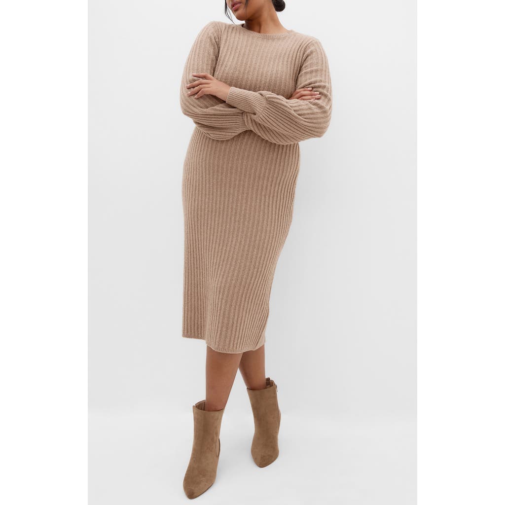 City Chic Sarah Long Sleeve Rib Sweater Midi Dress In Brown