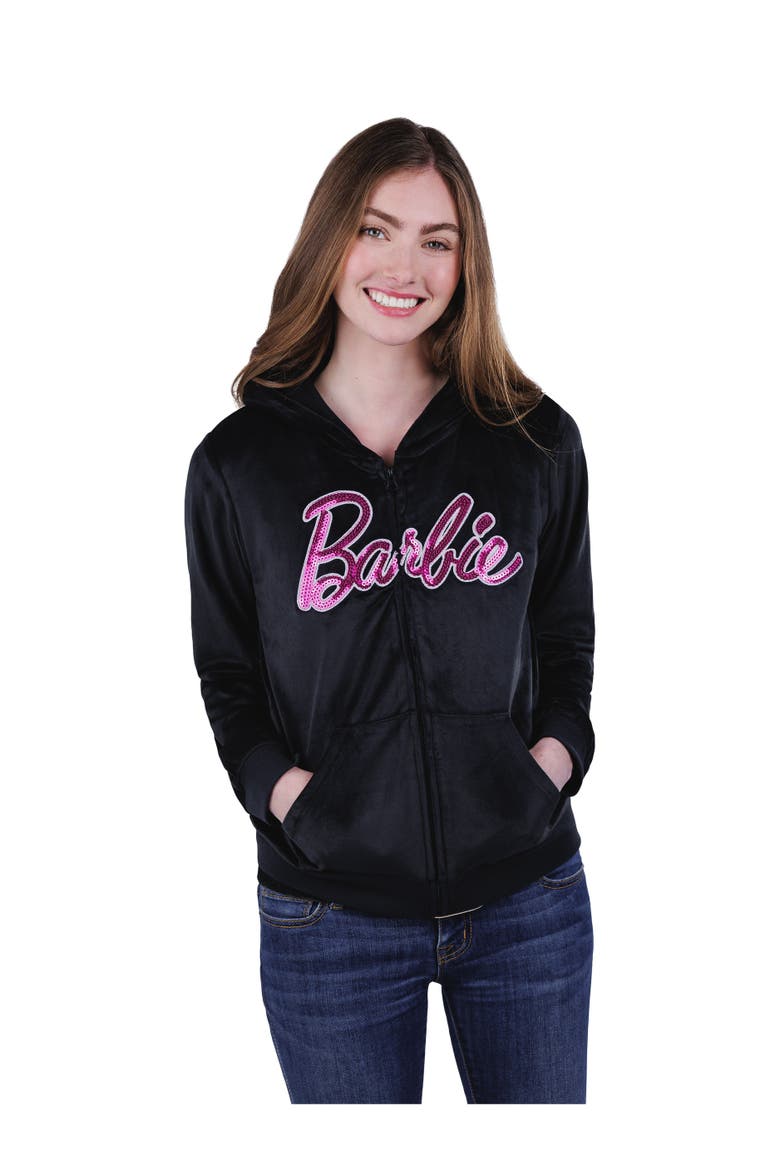 Velour Zip-Up Hoodie, Alternate, color, Black Pink