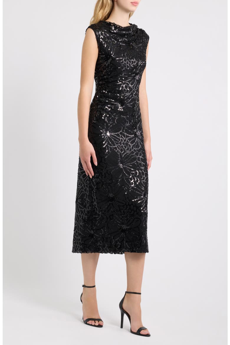 Draped Neck Sequined Midi Dress, Alternate, color, ANNE BLACK