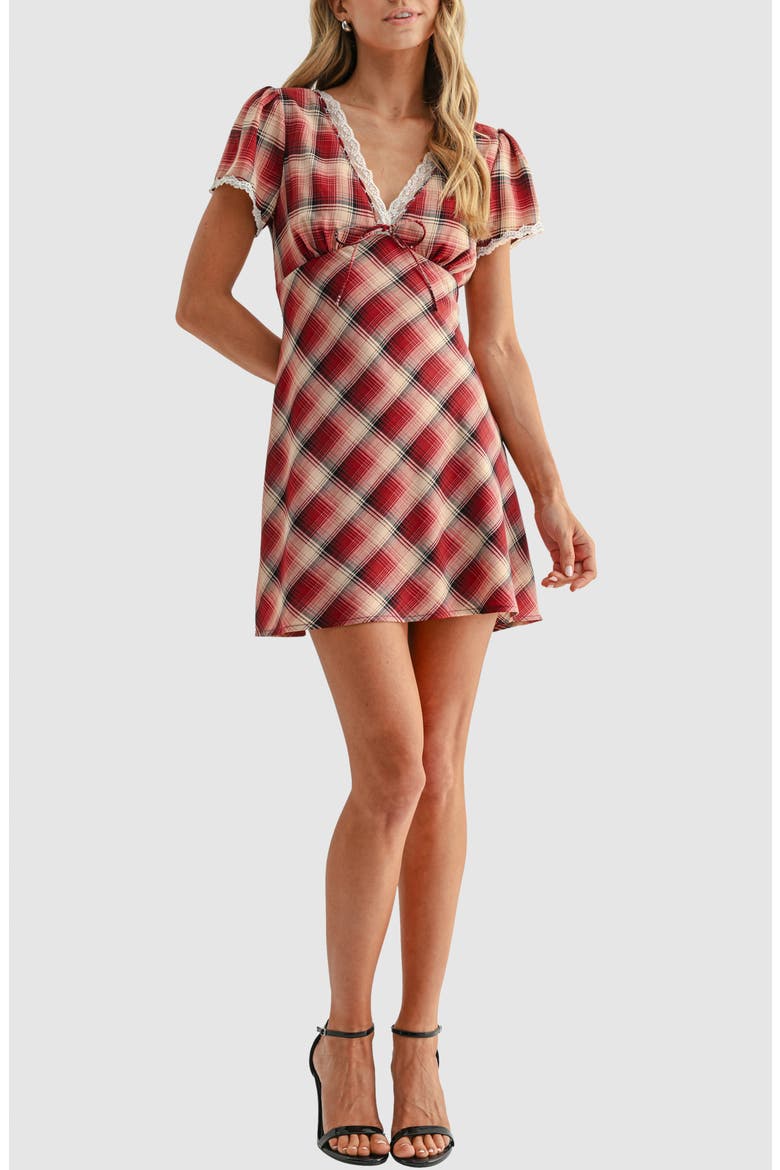 Lace Trim Minidress, Main, color, RED CREAM PLAID