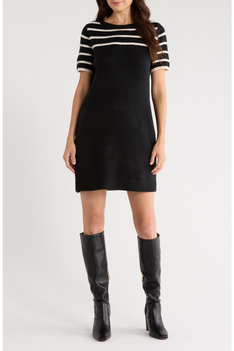 Stripe Short Sleeve Sweater Dress, Main, color, RICH BLACK
