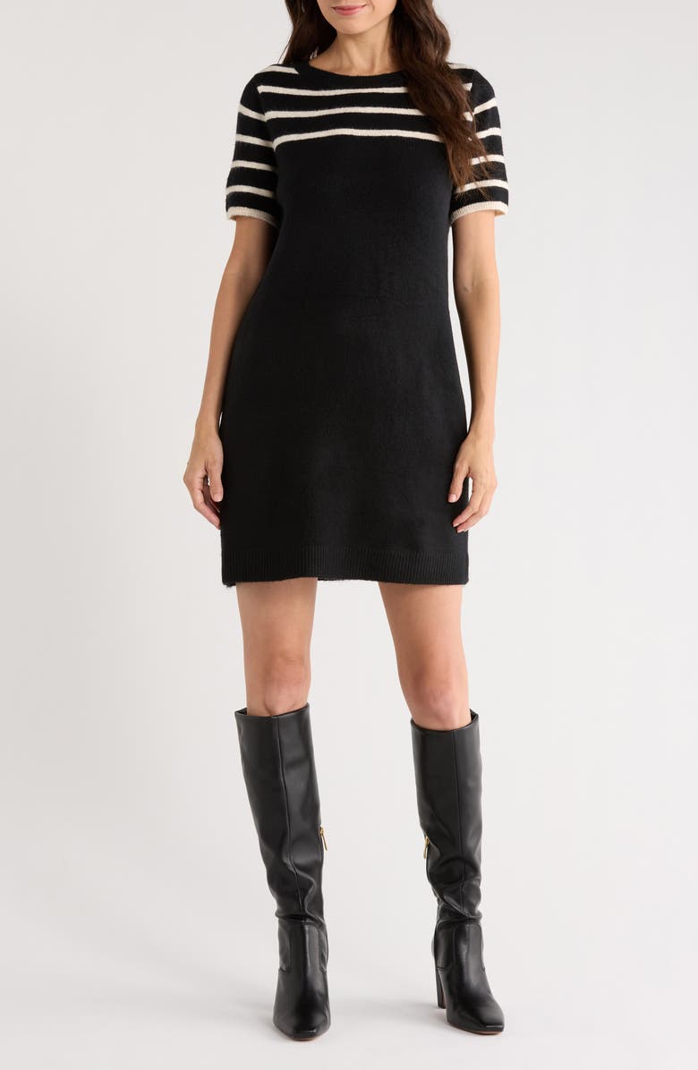 Halogen<sup>®</sup> Stripe Short Sleeve Sweater Dress, Main, color, Rich Black
