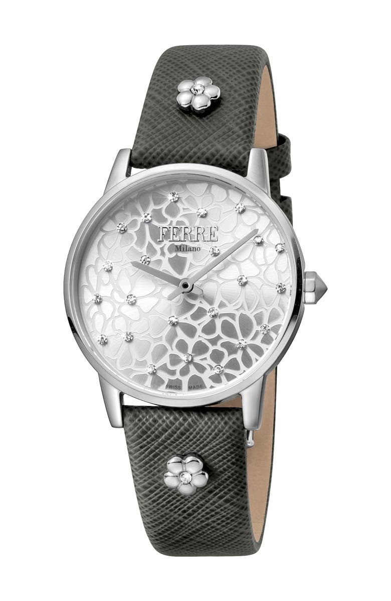 FERRE MILANO Women's Floral Dial Textured Leather Strap Watch, 32mm, Main, color, 