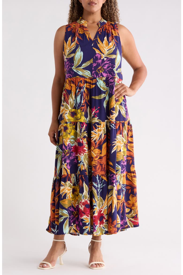 Print Sleeveless Tiered Maxi Dress, Main, color, CLASSIC NAVY