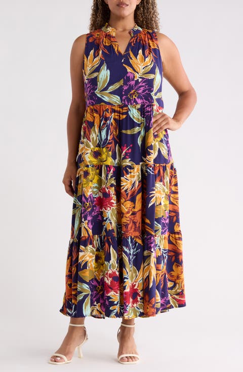 Print Sleeveless Tiered Maxi Dress (Plus)