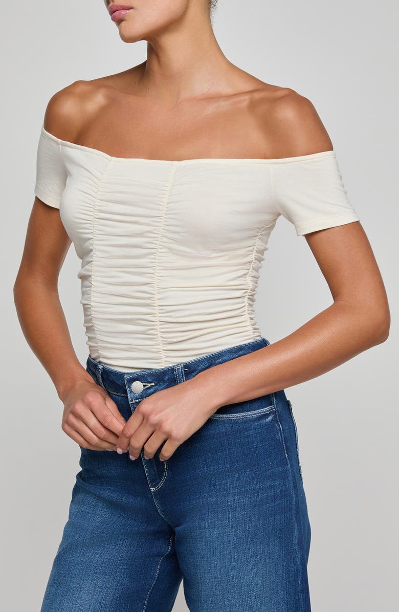 L'AGENCE Baleigh Off the Shoulder Ruched Bodysuit, Alternate, color, Vintage White