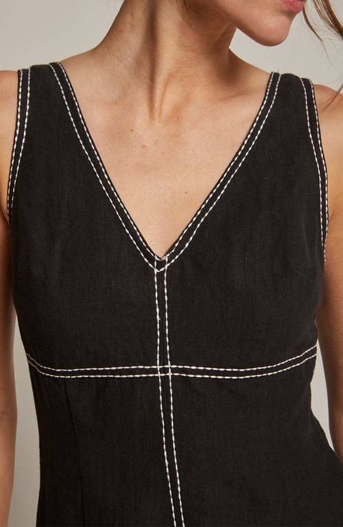 CRESCENT CRESCENT EMBROIDERED CONTRAST STITCH LINEN MIDI DRESS