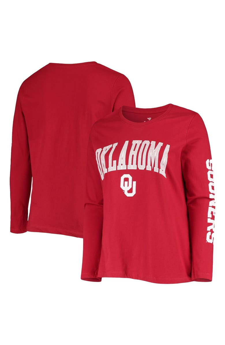 PROFILE Women's Crimson Oklahoma Sooners Plus Size Campus Arch Logo 2-Hit Scoop Neck Long Sleeve T-Shirt, Main, color, 
