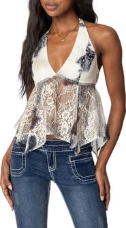 EDIKTED Asymmetric Lace Halter Top