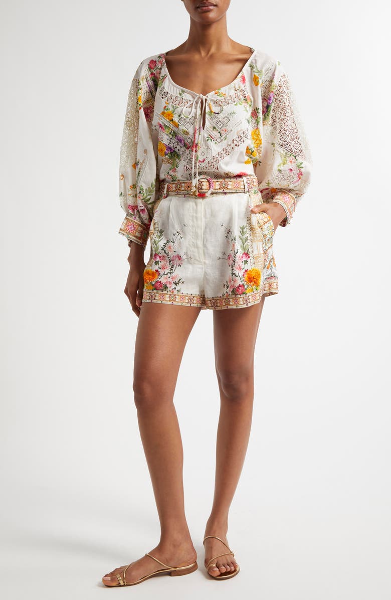 Camilla Egyptian Rose Print Belted Linen Shorts, Alternate, color, 
