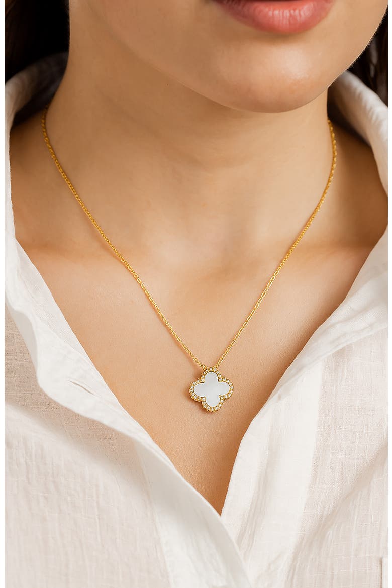 Cubic Zirconia Halo Clover Pendant Necklace, Alternate, color, MOTHER OF PEARL CUBIC ZIRCONA