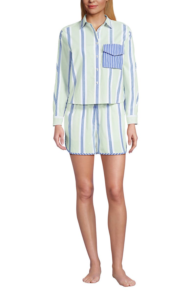Lands' End Cotton Poplin 2 Piece Pajama Set - Long Sleeve Top and Shorts with Piping, Main, color, Icy Mint/Muted Cobalt Stripe