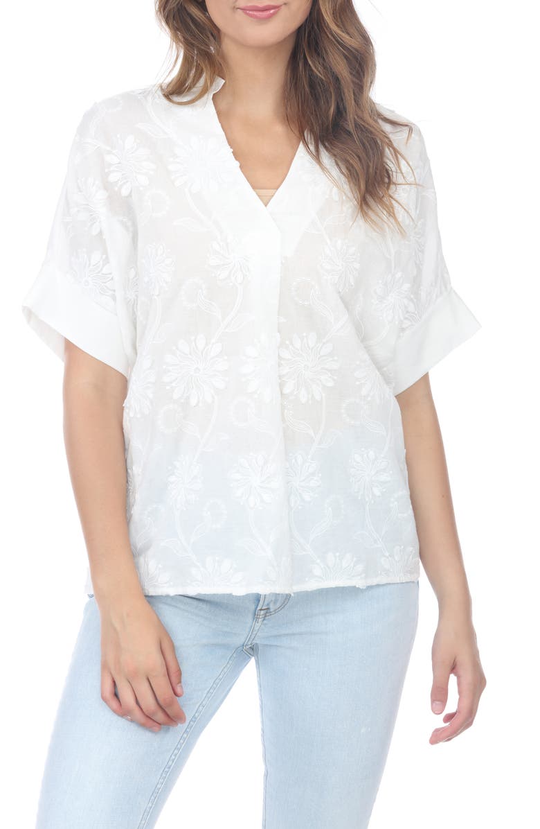 RAIN AND ROSE Embroidered Cotton Shirt, Main, color, White