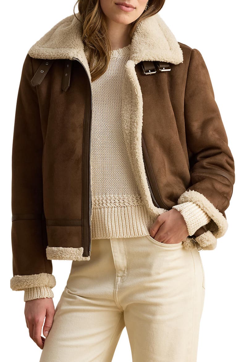 Faux Fur Trim Zip Front Jacket, Main, color, TABACCO