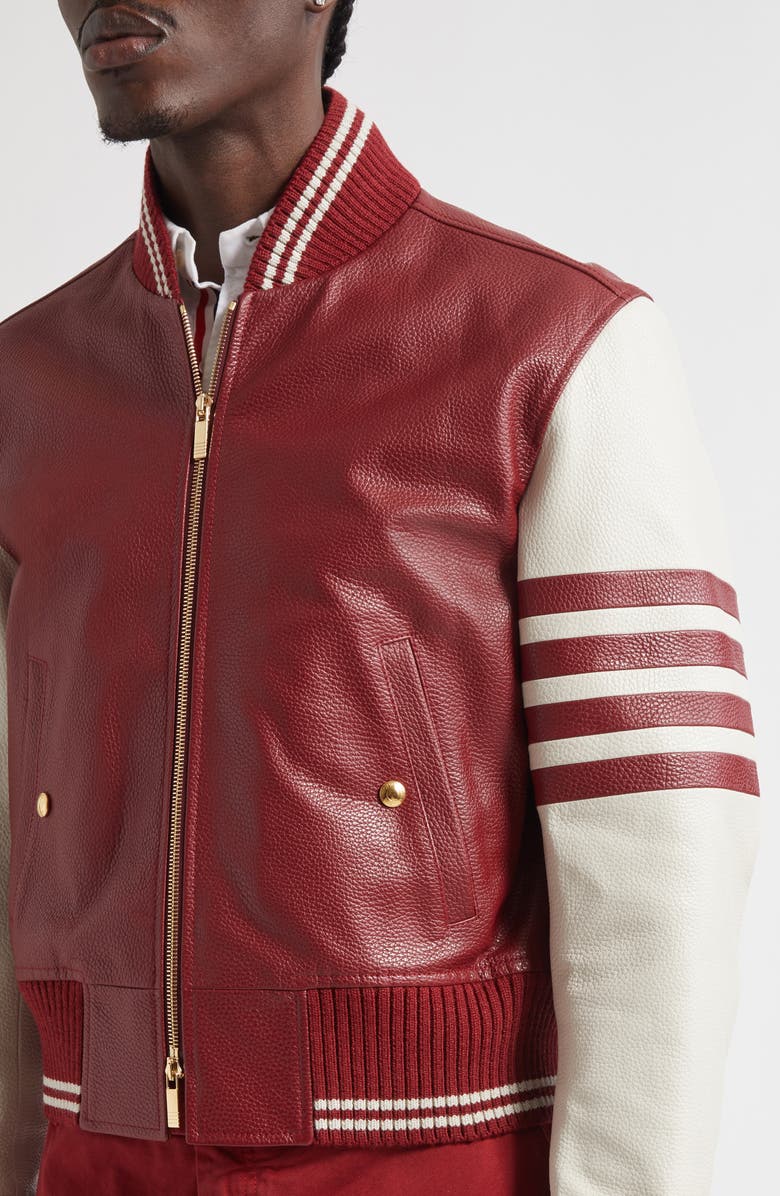 Thom Browne 4-Bar Leather Varsity Jacket, Alternate, color, Burgundy