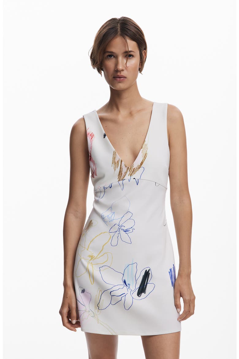 Sketched Floral Sleeveless Minidress, Alternate, color, WHITE/ LIGHT BEIGE