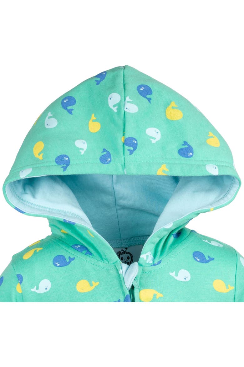 Fleece Hooded One-Piece Outfit, Alternate, color, Teal Whale Print