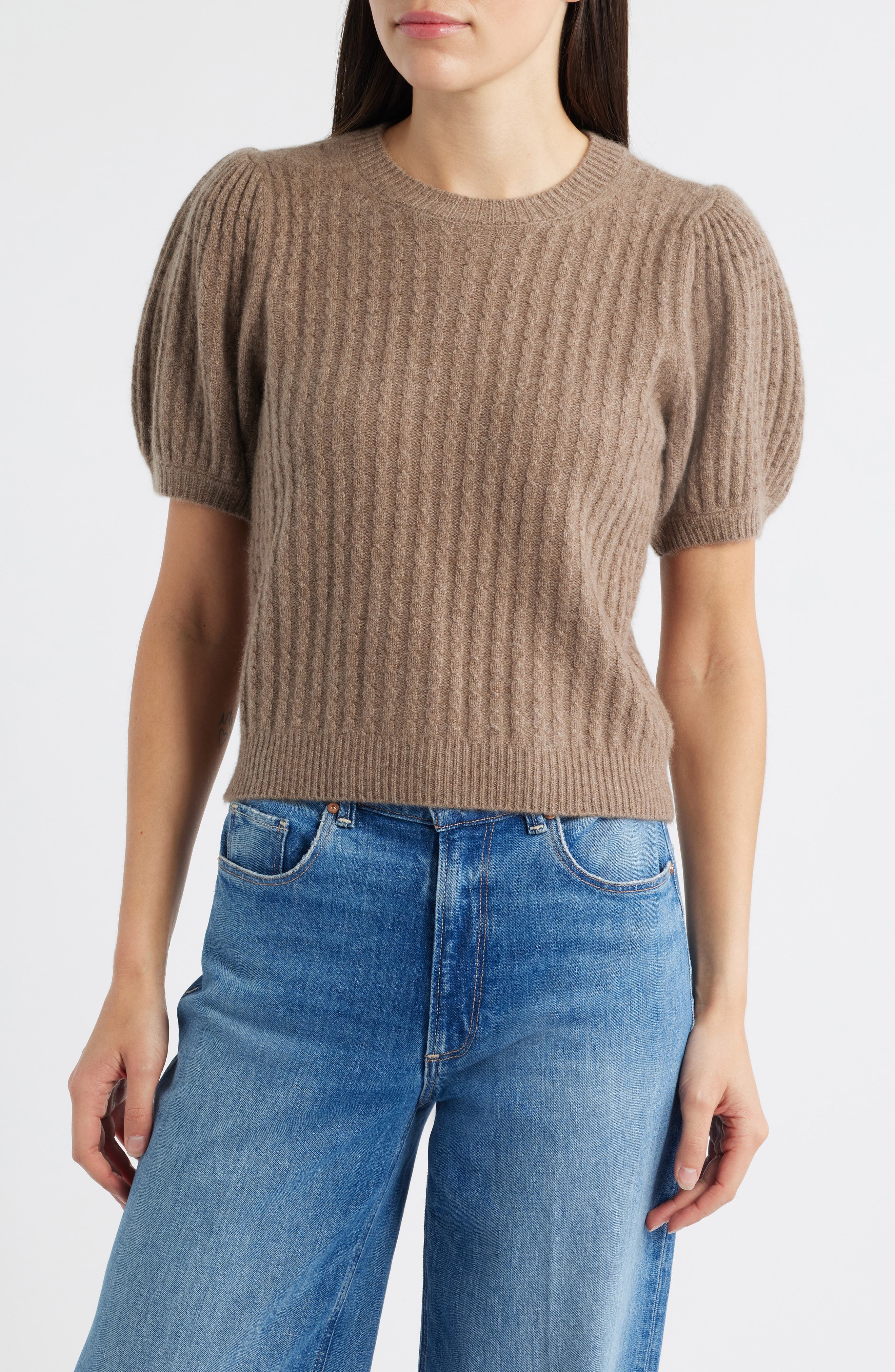 PAIGE Lucerne Puff Sleeve Cable Knit Cashmere Sweater