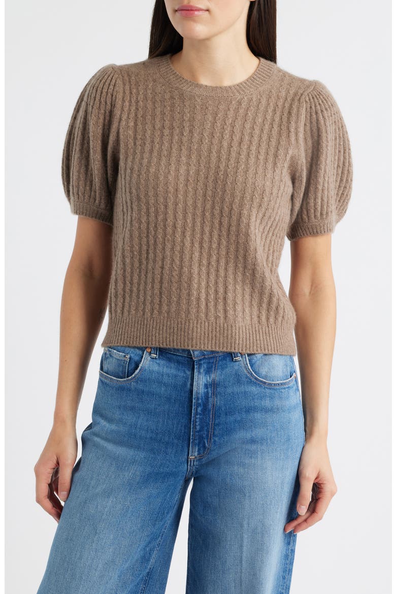 Lucerne Puff Sleeve Cable Knit Cashmere Sweater, Main, color, HEATHER BROWN