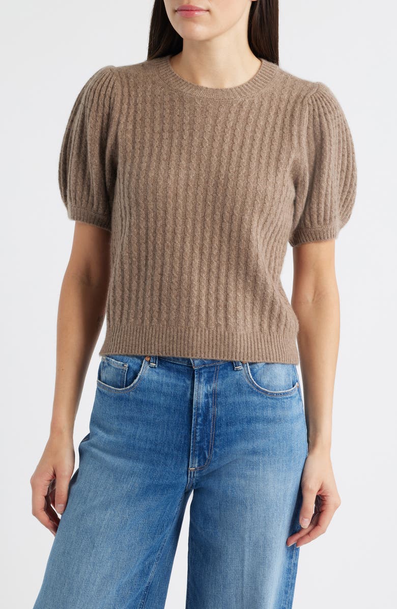 PAIGE Lucerne Puff Sleeve Cable Knit Cashmere Sweater, Main, color, Heather Brown