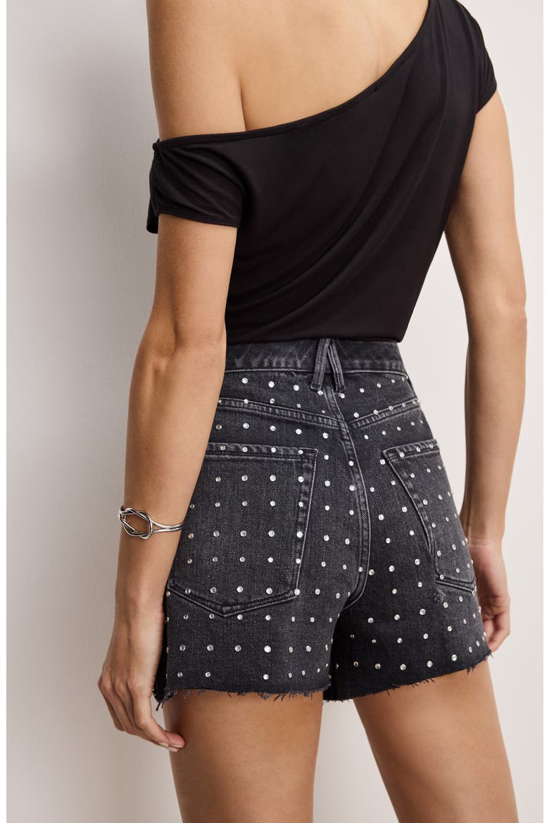 Bombshell Crystal Embellished Destroyed Cutoff Denim Shorts, Alternate, color, BLACK351
