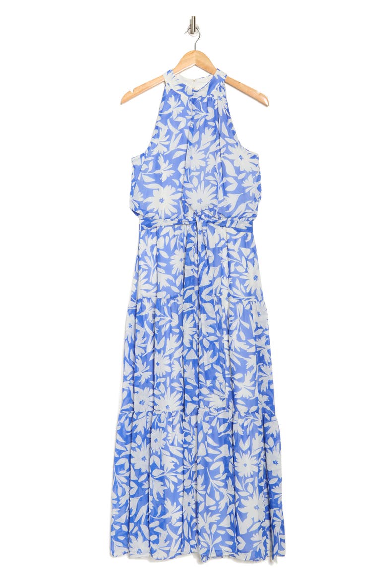 Floral Sleeveless Tiered Chiffon Maxi Dress, Alternate, color, BLUE IVORY