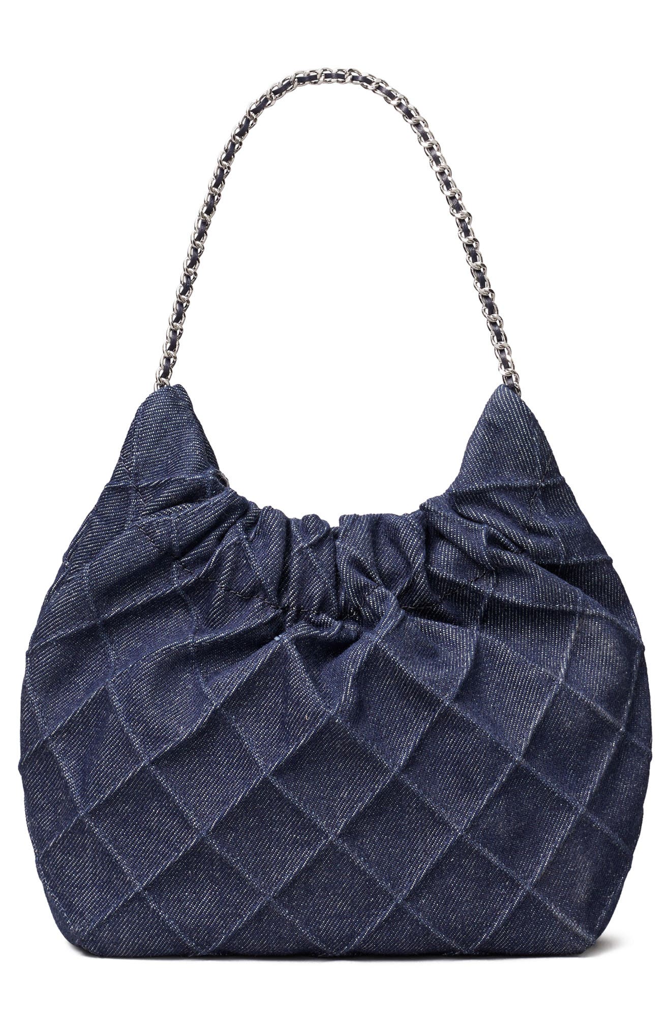Tory Burch Mini Fleming Quilted Denim Hobo Bag, Alternate, color, Blue