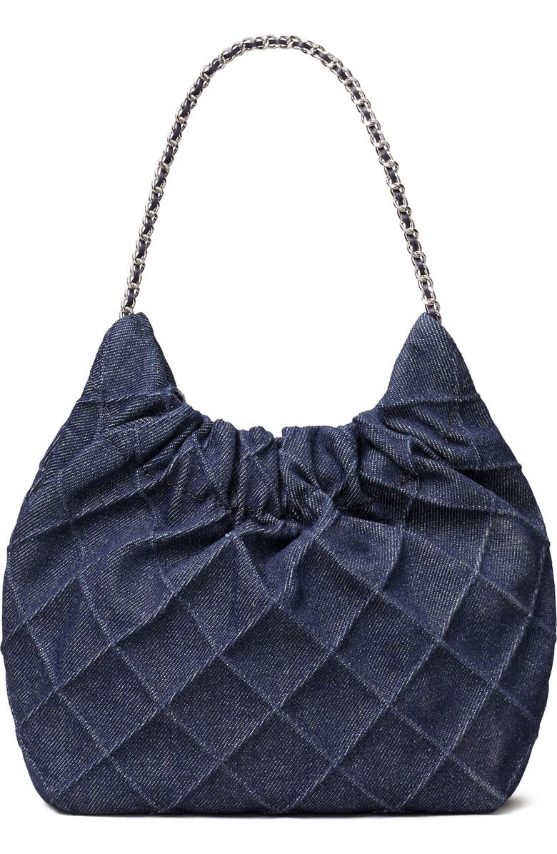 Tory Burch Mini Fleming Quilted Denim Hobo Bag, Alternate, color, Blue