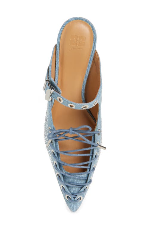 Ganni Embellished Lace-up Denim Mules In Faded Denim