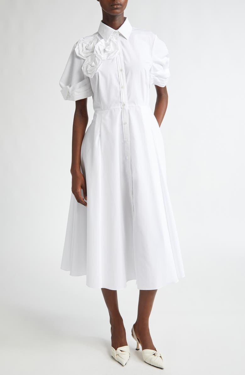 Erdem Rosette Short Sleeve Cotton Poplin Shirtdress, Main, color, 