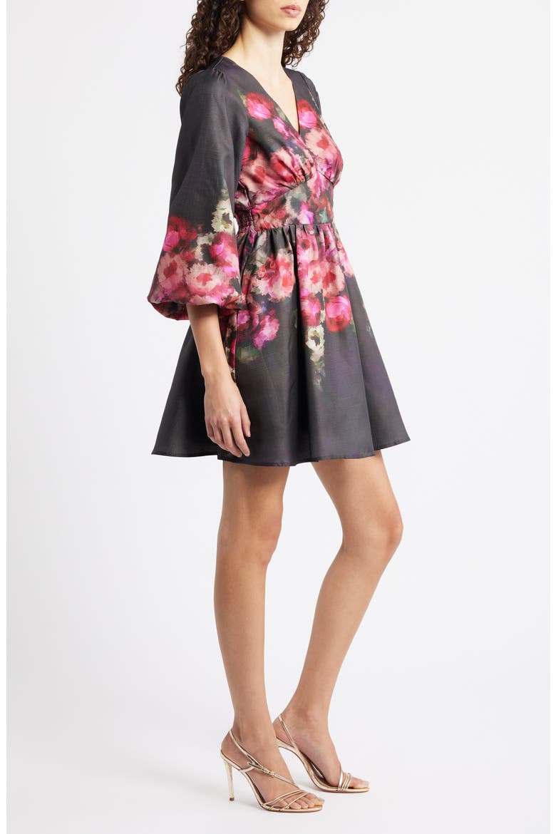Dea Placed Floral Minidress, Alternate, color, BLACK/ FUSCHIA