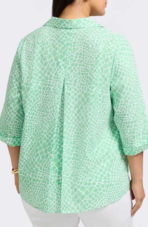 Foxcroft Agnes Print Three-quarter Sleeve Linen Blend Popover Top In New Leaf/white
