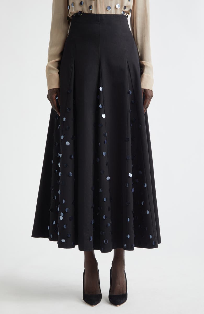 Lela Rose Paillette Cotton Poplin Godet Skirt, Main, color, Black