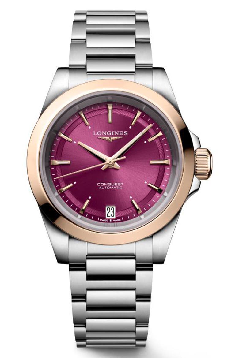 Conquest 18K Gold Bezel Automatic Bracelet Watch, 34mm, Main, color, PINK