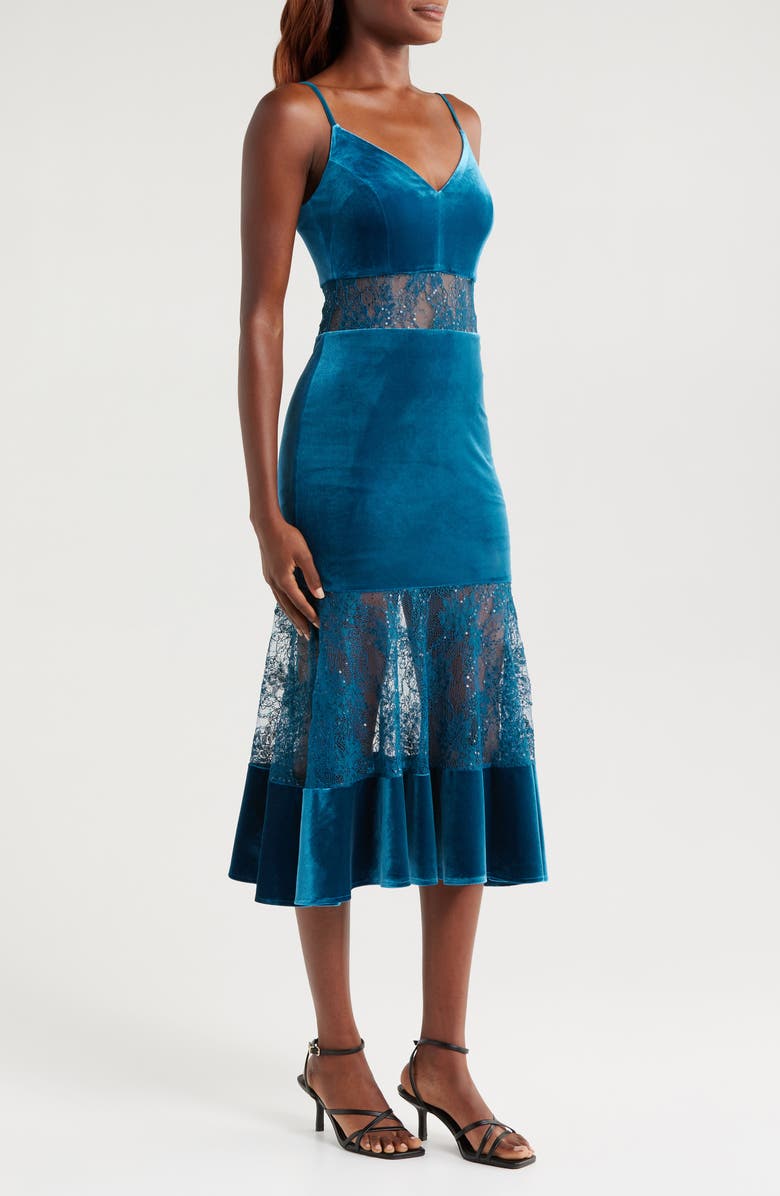bebe Velvet & Lace Cocktail Midi Dress, Alternate, color, Teal