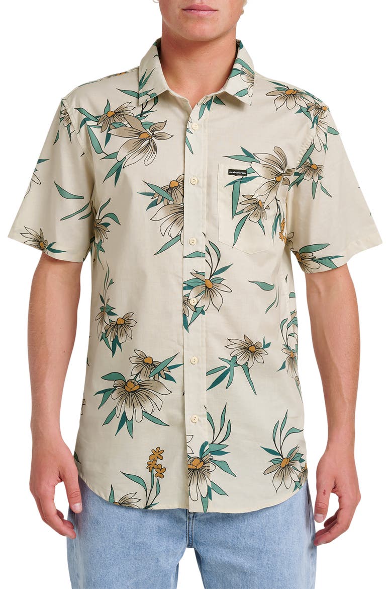 Costal Flora Classic Fit Floal Short Sleeve Cotton Button-Up Shirt, Main, color, MOONSTRUCK