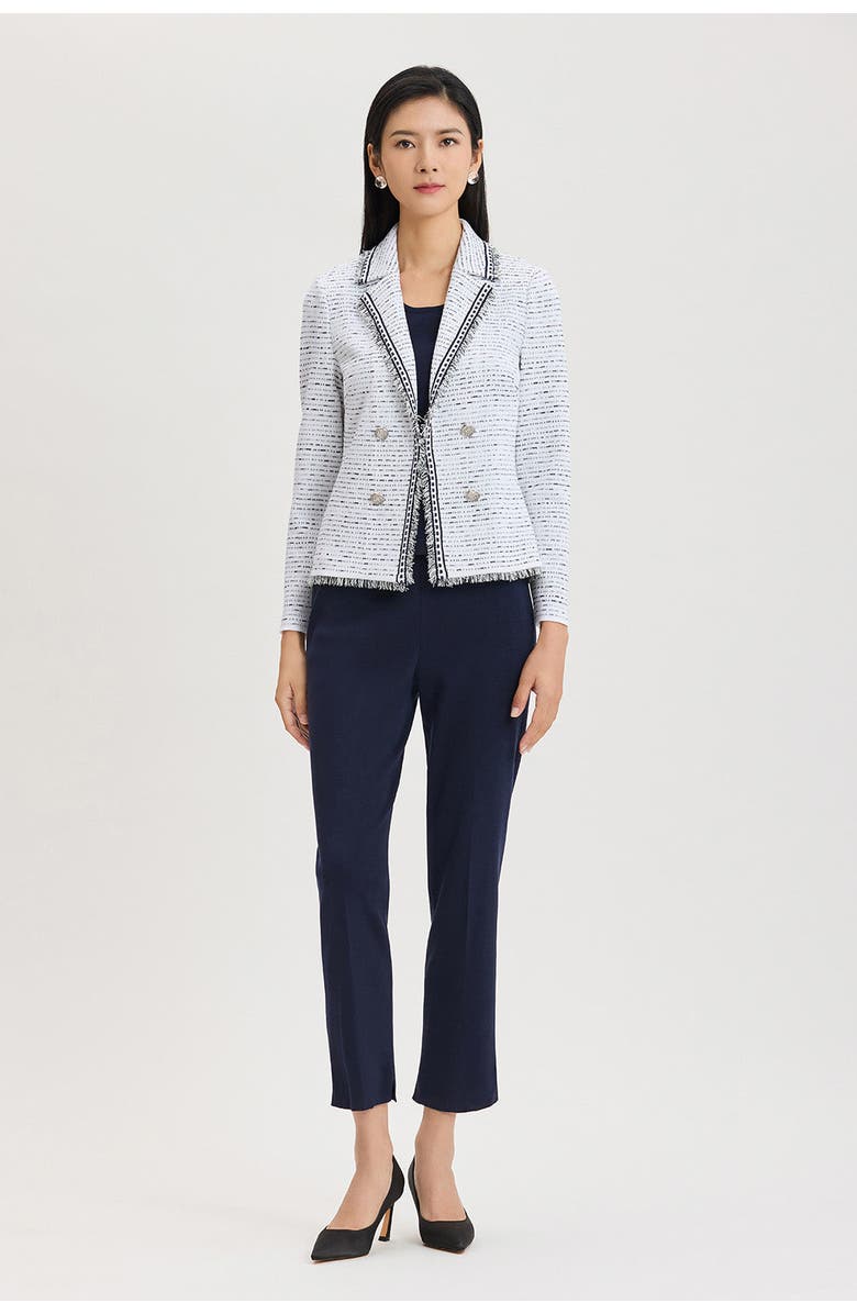 Ming Wang Heritage Eyelash Trim Lapel Collar Knit Jacket, Main, color, White/Indigo