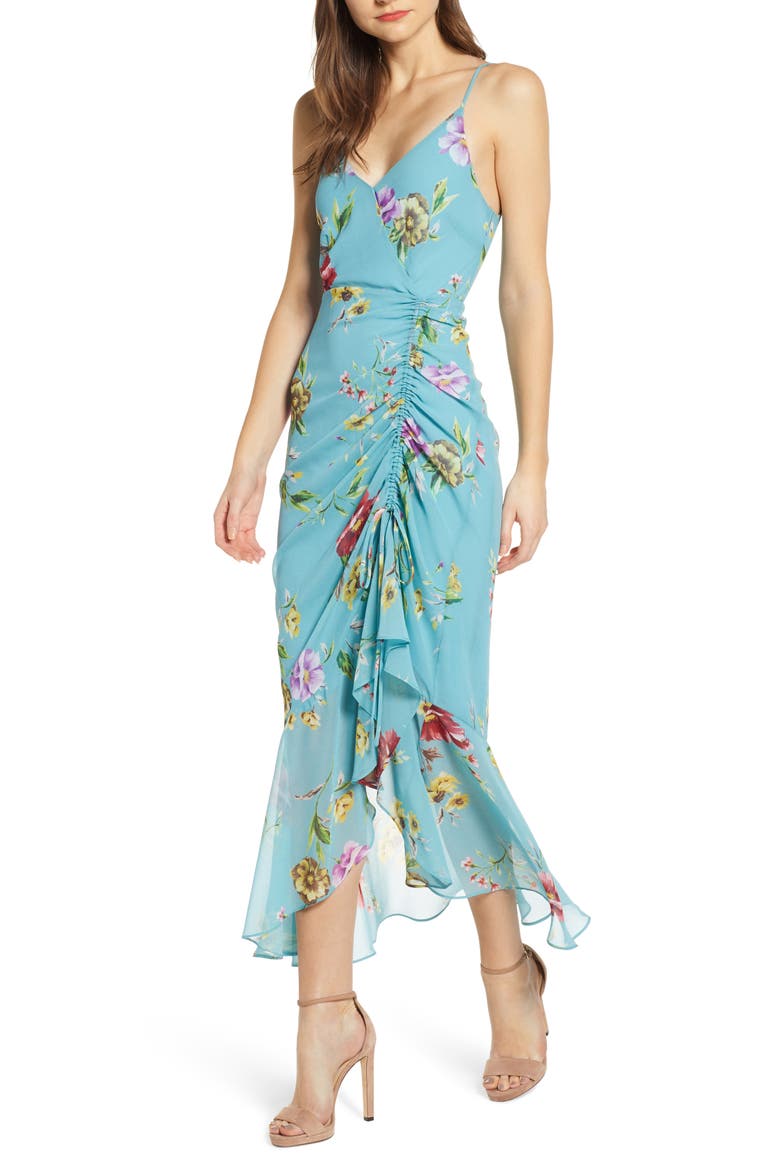 Floral Ruched Front Maxi Dress, Main, color, TEAL FLORAL