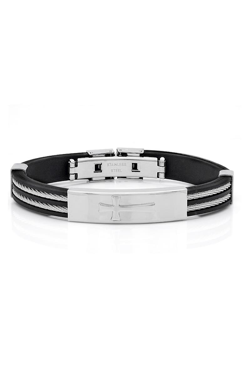 STEELTIME Stainless Steel Cross ID Plate Bracelet, Main, color, Black-Metallic
