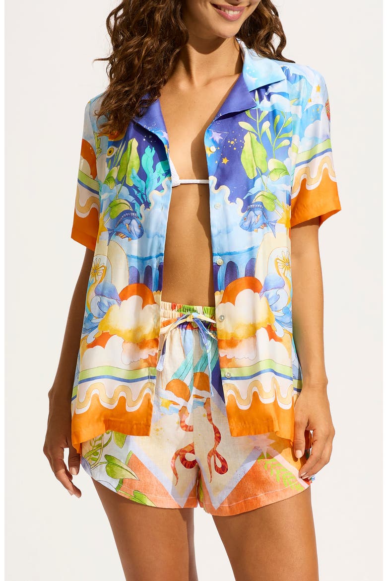 Aquarius Linen Button-Up Cover-Up Shirt, Main, color, TURQUOISE