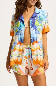 Seafolly Aquarius Linen Button-Up Cover-Up Shirt