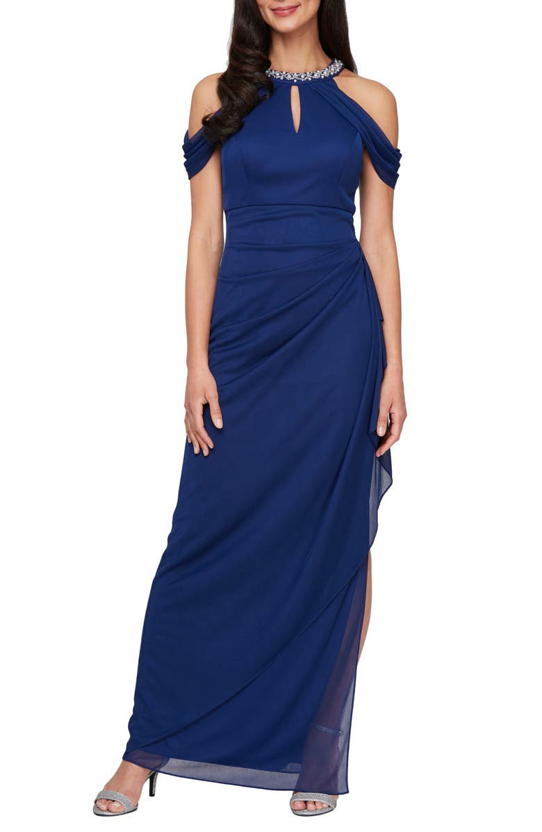 Alex Evenings Beaded Neck Cold Shoulder Mesh Sheath Gown, Main, color, Electric/ Blue